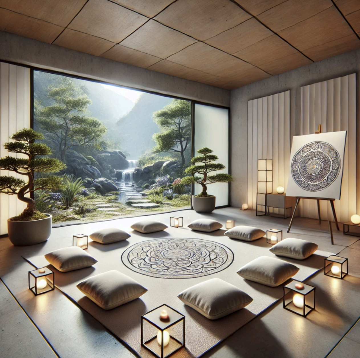 AI-generated meditation room moodboard produced with DALL·E
