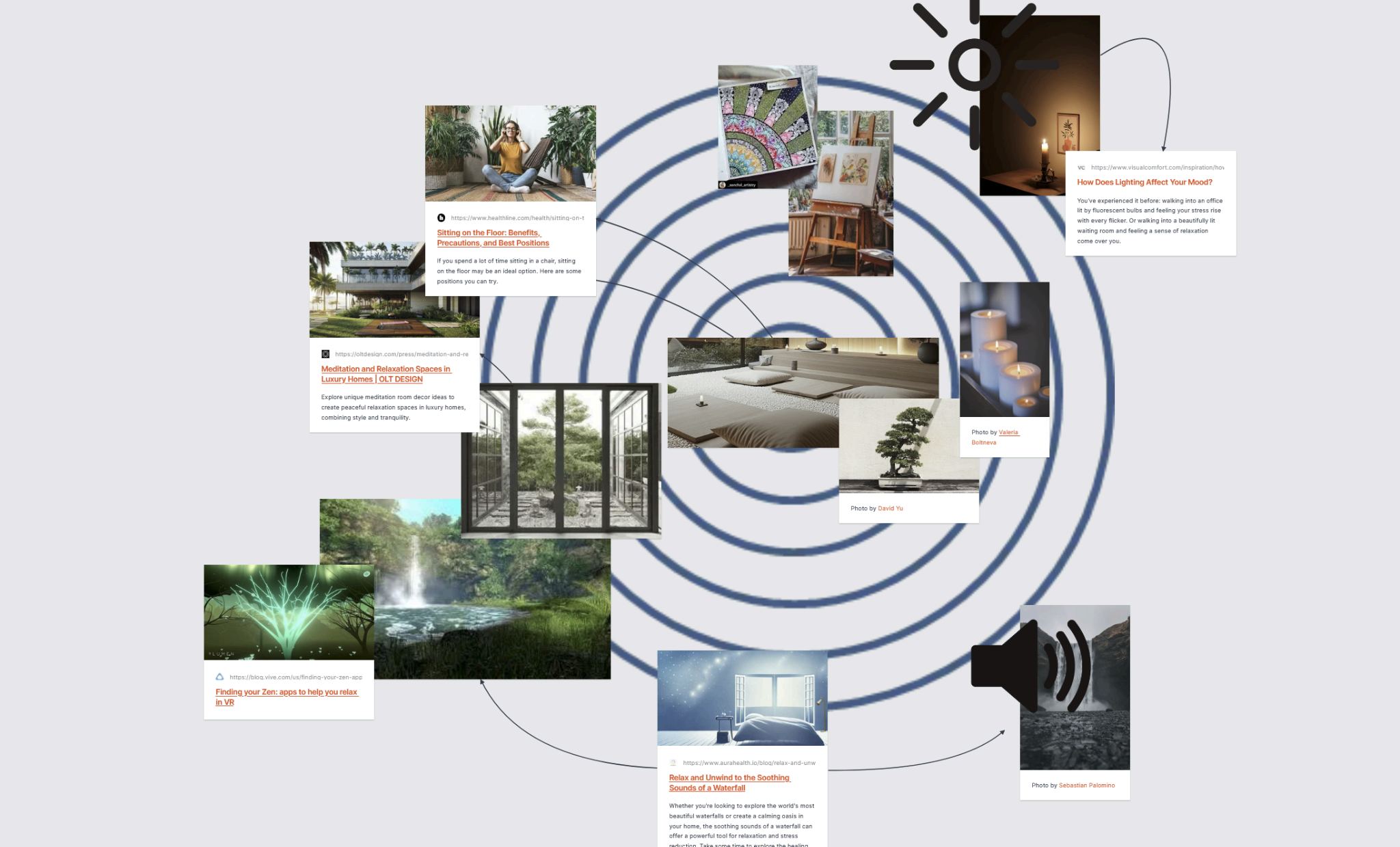 Milanote moodboard collecting Japanese architecture, nature, lighting and sound references