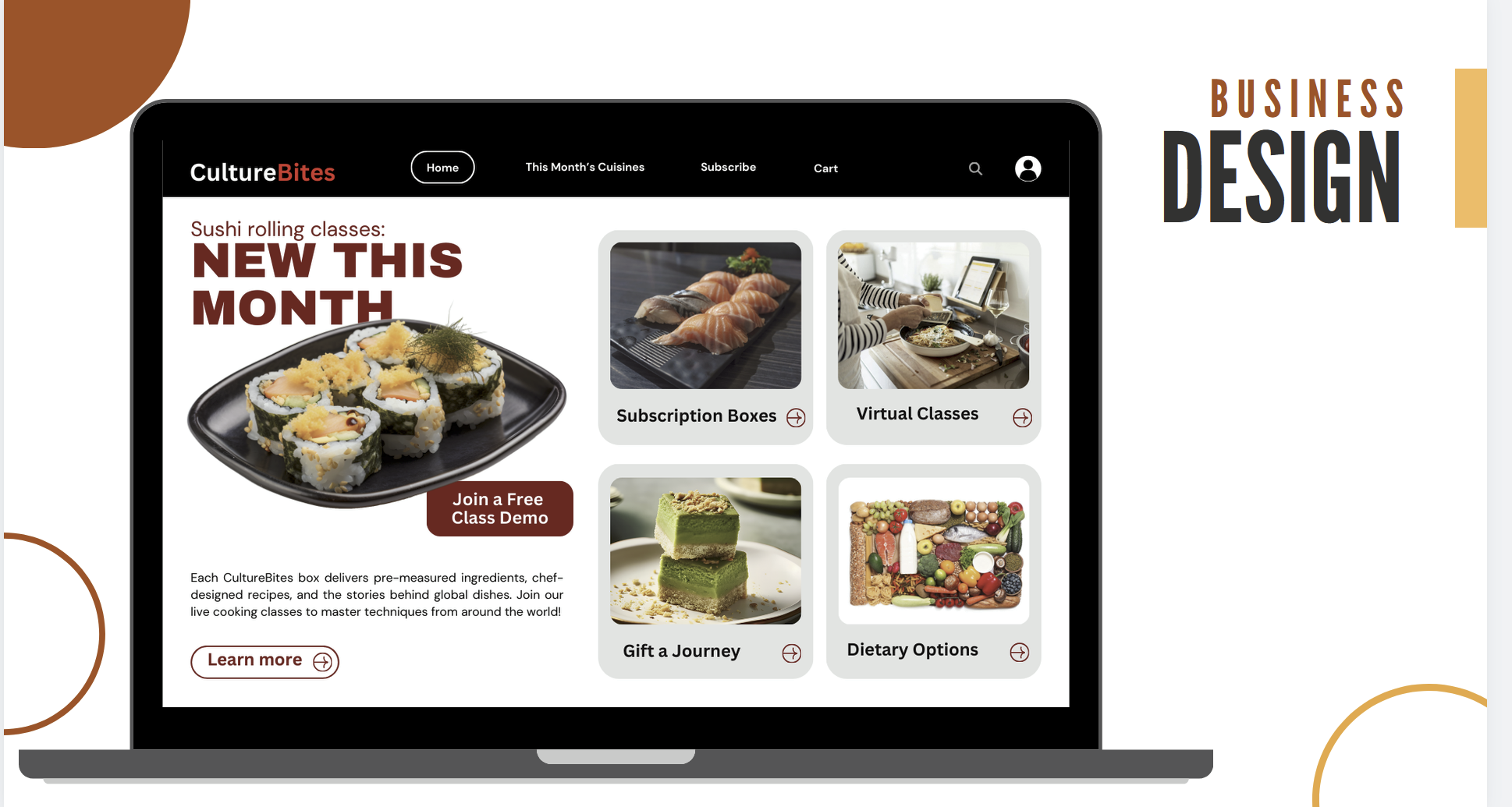 CultureBites website homepage showing the month's sushi rolling classes and four entry points: subscription boxes, virtual classes, gifting and dietary options