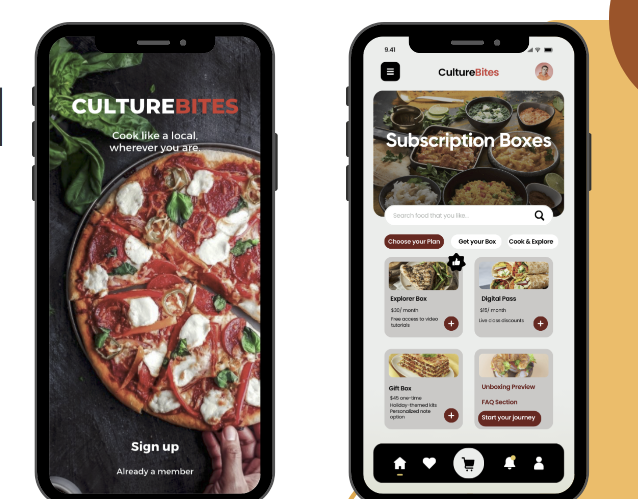 CultureBites mobile app splash screen and subscription boxes screen showing Explorer Box, Digital Pass and Gift Box plans